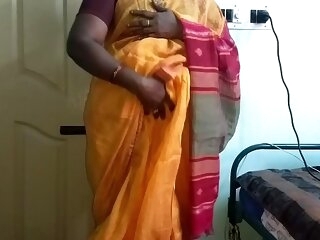 desi  indian horny tamil telugu kannada malayalam hindi cheating wife vanitha crippling orange colour saree  showing big boobs and shaved pussy press changeless boobs press nip ill feeling pussy misappropriation